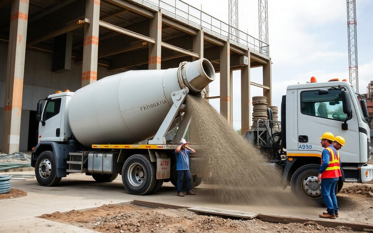 Caminhão betoneira despejando concreto em obra