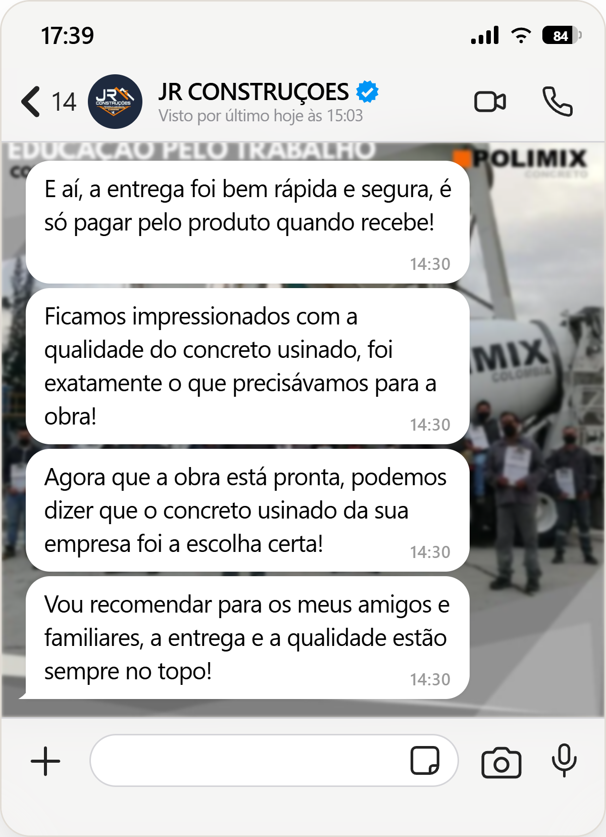 Depoimento da JR Construções no WhatsApp sobre entrega segura e qualidade do concreto