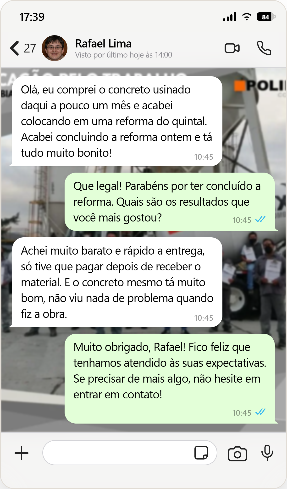 Depoimento de Rafael Lima no WhatsApp sobre entrega rápida e concreto bom